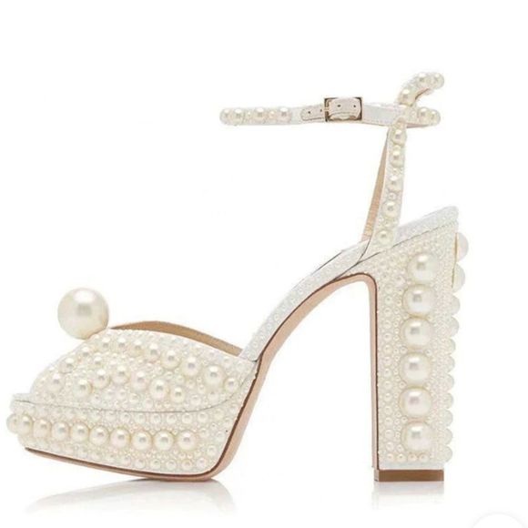 Goolita Extravagant Open Toe Pearl Chunky Heels Sz. 37/US 6M New Ankle Straps - Picture 4 of 17